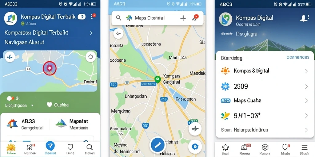 Antarmuka aplikasi Kompas Digital ABC33 dengan fitur navigasi sederhana.